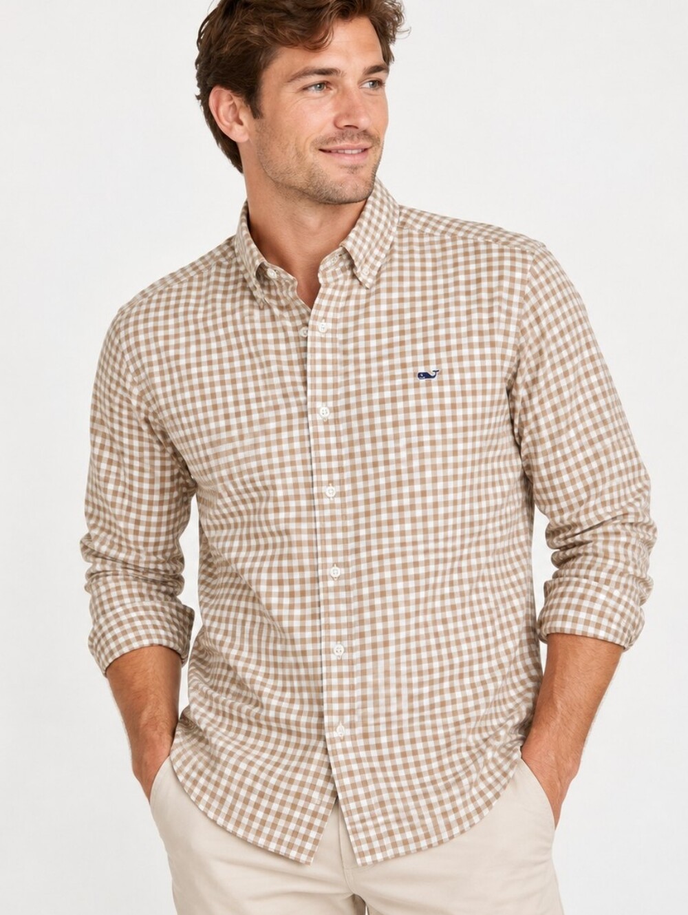 Vineyard Vines Men’s S Classic Whale Shirt Tan White Gingham Check Button Down